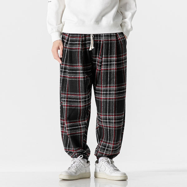 Plaid Mid-Waist Ankle Bandage Pants