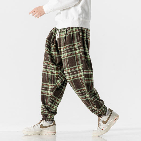 Plaid Mid-Waist Ankle Bandage Pants