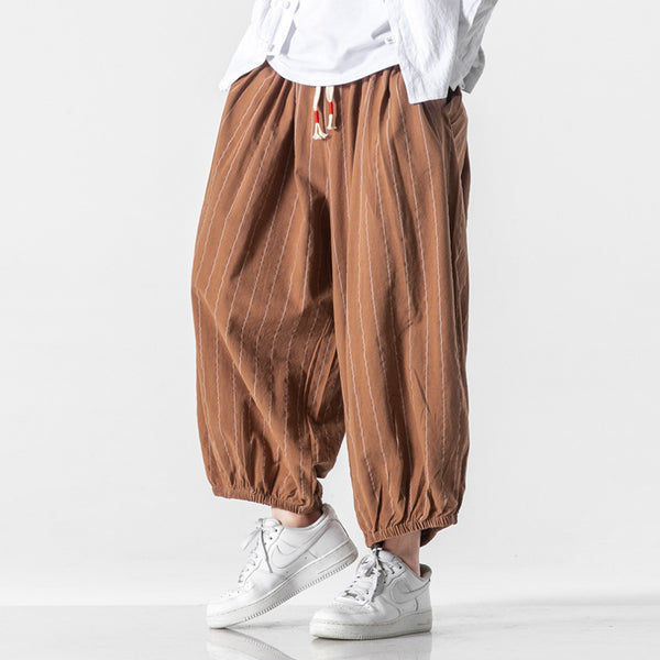 Men's Cotton-Linen Striped Drawstring Pants
