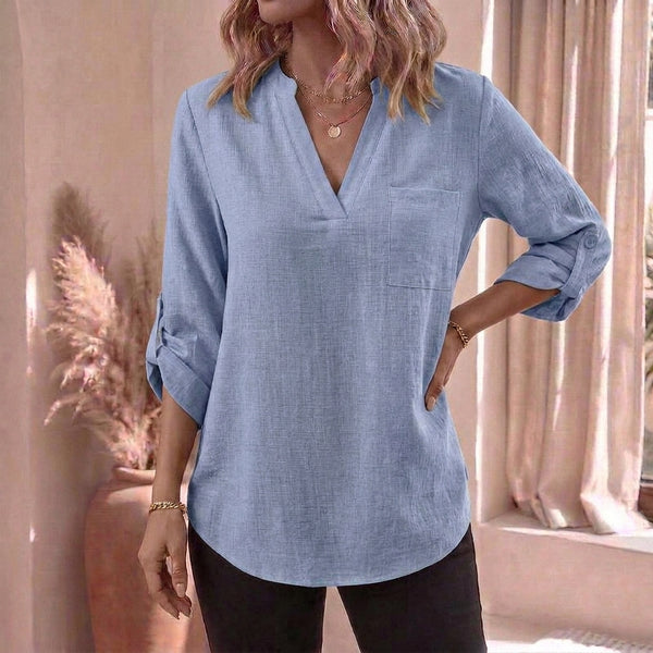 Relaxed Fit Collared V-Neck Tunic Blouse for Women – Casual Stylish Comfort