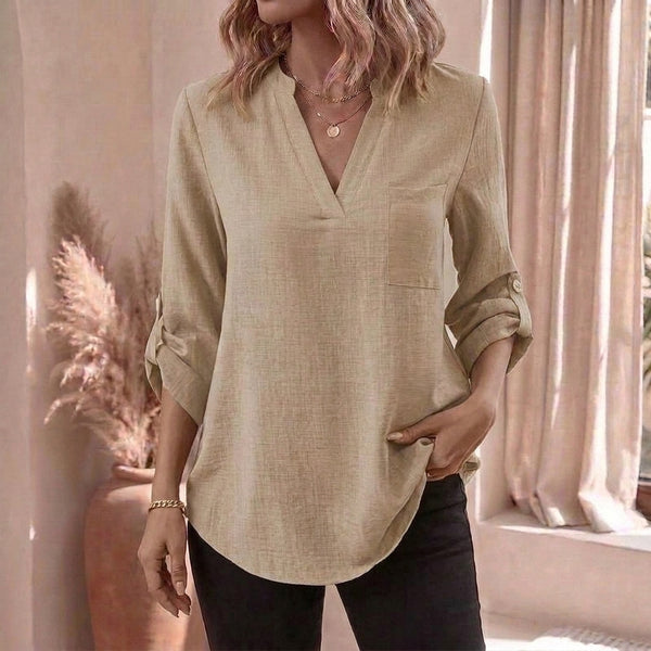 Relaxed Fit Collared V-Neck Tunic Blouse for Women – Casual Stylish Comfort