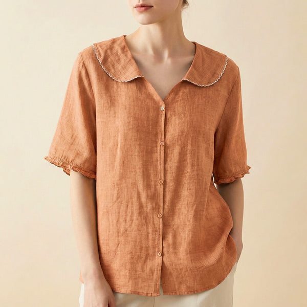 Relaxed Fit Collared Button Front Blouse for Women – Stylish Casual Comfort