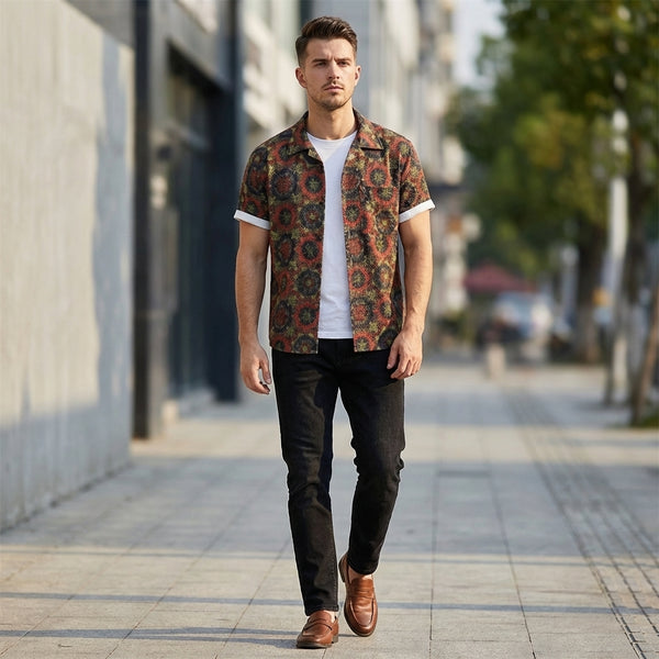 Relaxed Fit Geometric Short Sleeve Button-Up Shirt for Men – Stylish Casual Comfort