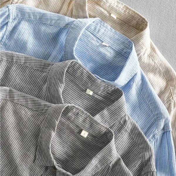 メンズ ストライプ コットンリネンシャツ