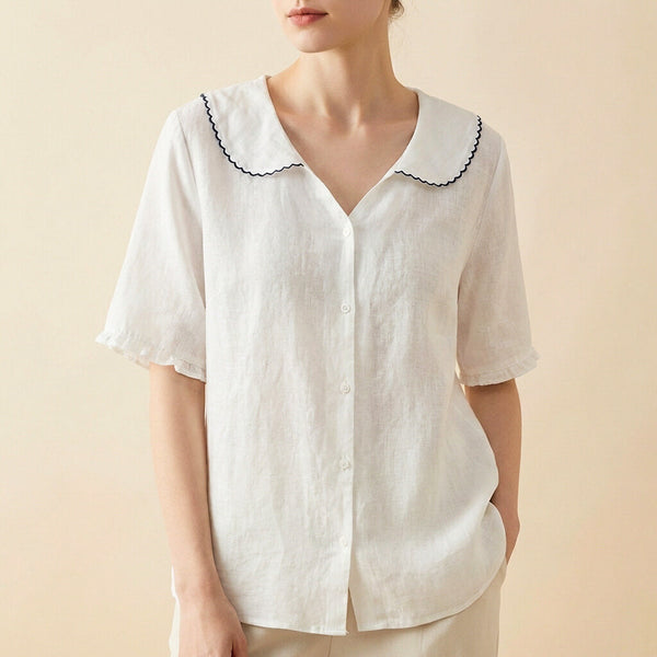 Relaxed Fit Collared Button Front Blouse for Women – Stylish Casual Comfort