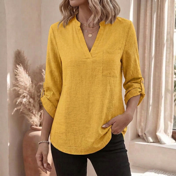 Relaxed Fit Collared V-Neck Tunic Blouse for Women – Casual Stylish Comfort