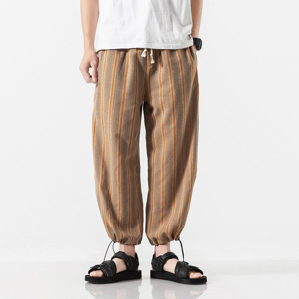 Striped Cotton-Linen Cropped Trousers