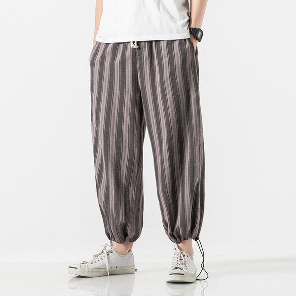 Striped Cotton-Linen Cropped Trousers