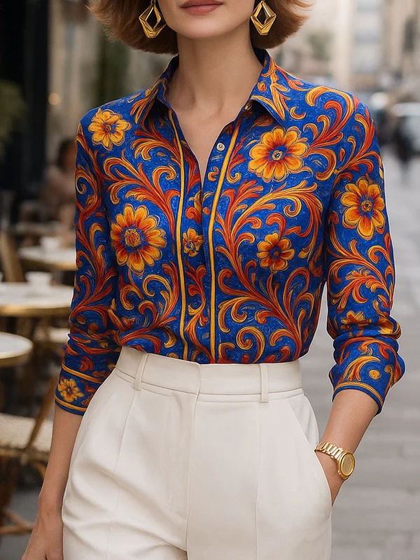 Baroque Button Front Collared Blouse for Women – Elegant Stylish Comfort