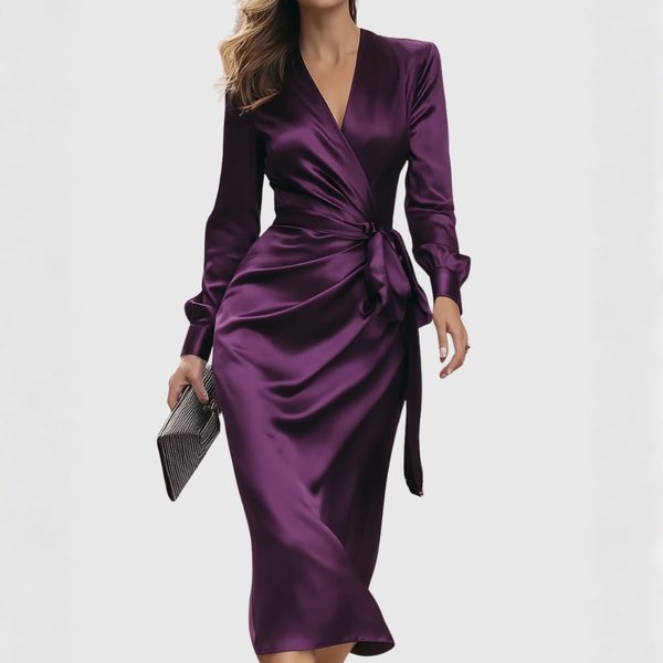 Draped Tie-Waist Wrap Midi Dress for Women – Elegant & Flattering Fit