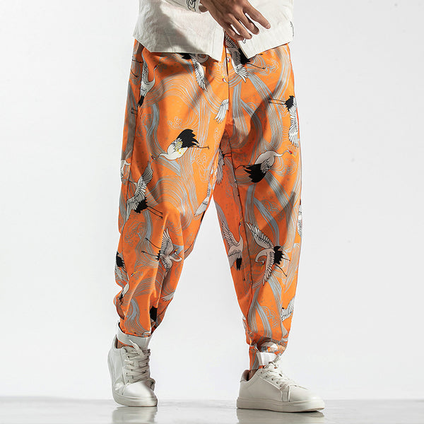 Crane Print Drawstring Tapered Pants