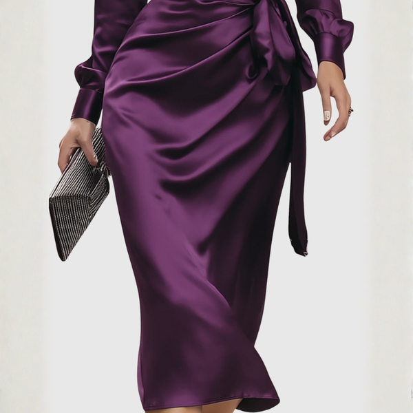 Draped Tie-Waist Wrap Midi Dress for Women – Elegant & Flattering Fit