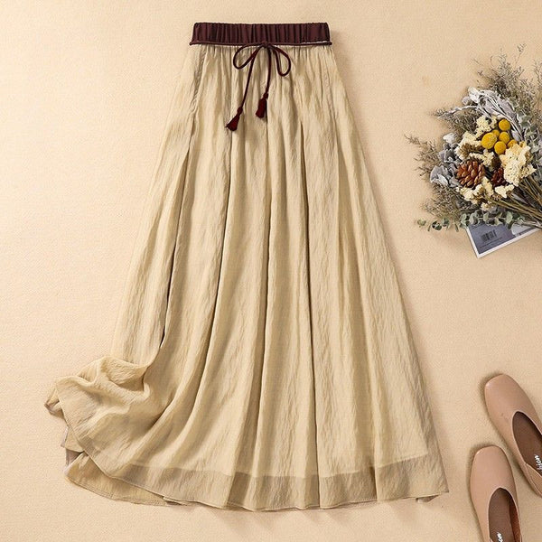 Pleated Drawstring Waist A-Line Maxi Skirt for Women – Casual Comfortable Style