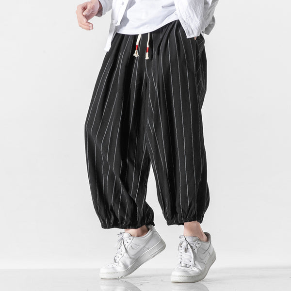 Men's Cotton-Linen Striped Drawstring Pants