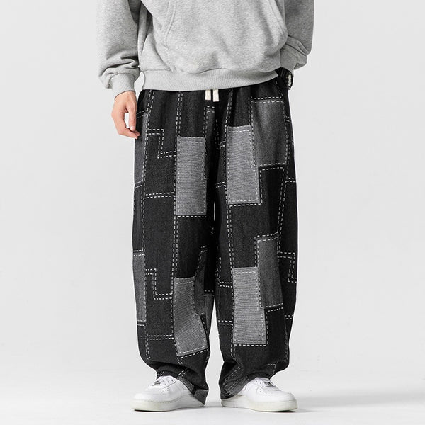 Plaid Patchwork Wide-Leg Drawstring Denim Pants