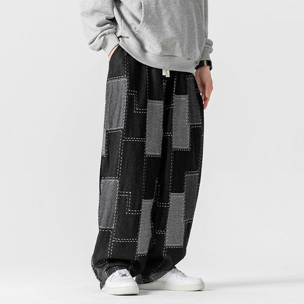 Plaid Patchwork Wide-Leg Drawstring Denim Pants