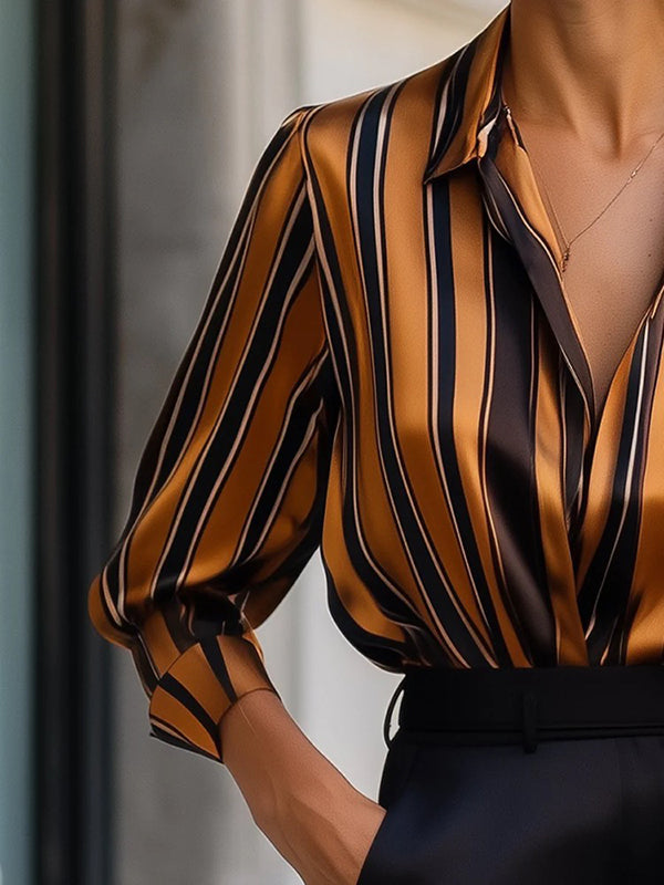 Relaxed Fit Striped Collared Blouse for Women – Stylish Workwear Essential