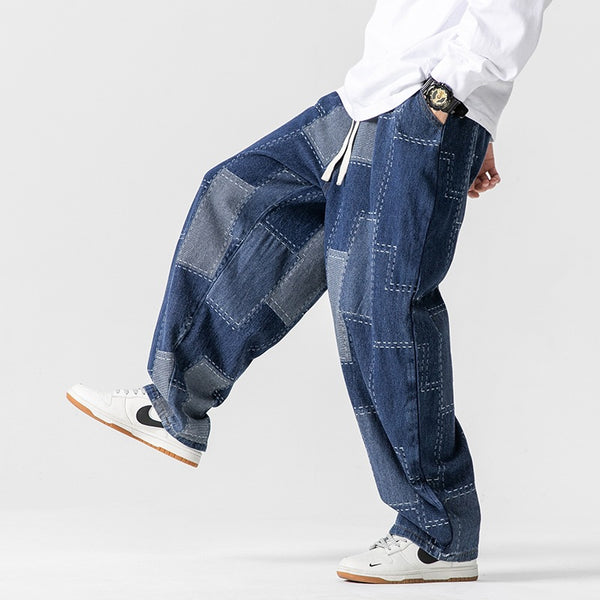 Plaid Patchwork Wide-Leg Drawstring Denim Pants