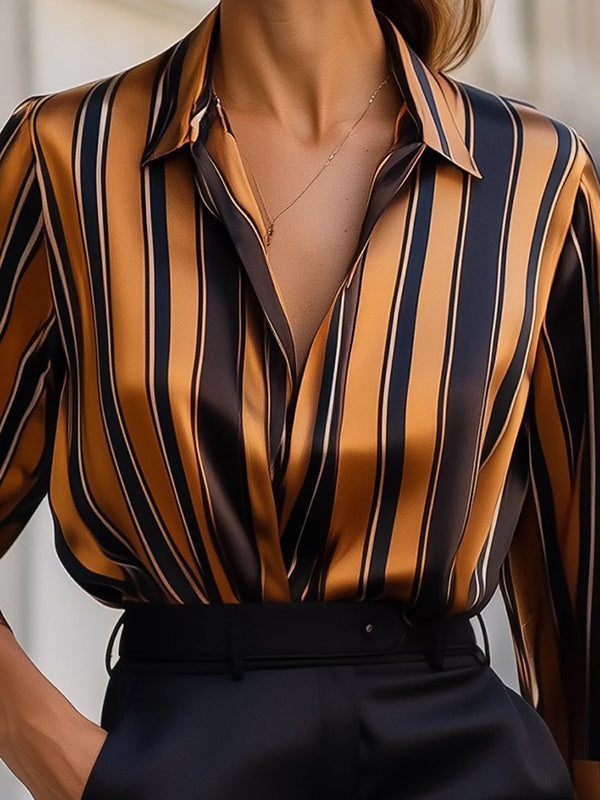 Relaxed Fit Striped Collared Blouse for Women – Stylish Workwear Essential