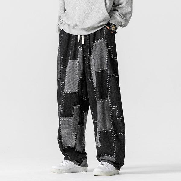Plaid Patchwork Wide-Leg Drawstring Denim Pants