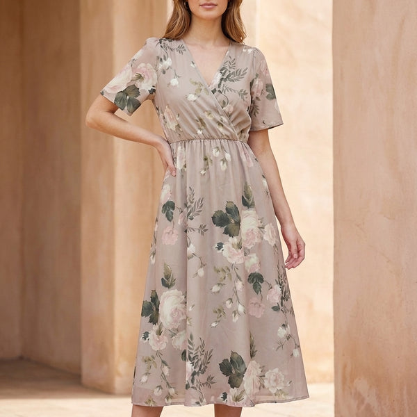 Surplice Cinched Waist A-Line Midi Dress for Women – Stylish Casual Comfort