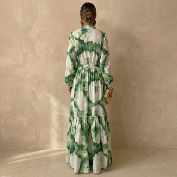 Tie-Dye Ruffled Drawstring Waist A-Line Maxi Dress for Women – Elegant & Flowing Design