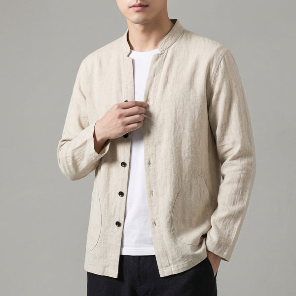 Relaxed Fit Mandarin Collar Shirt Jacket for Men – Breathable Casual Comfort