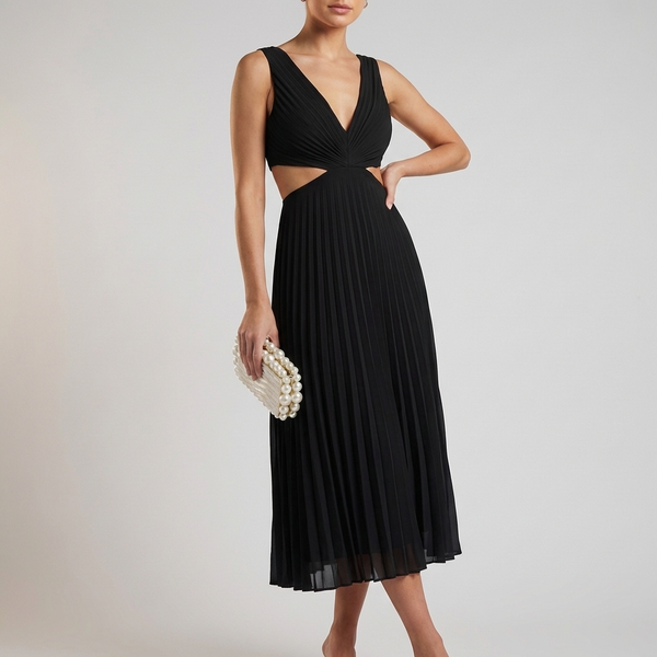 Pleated Cutout A-Line Midi Dress for Women – Elegant & Flattering Design