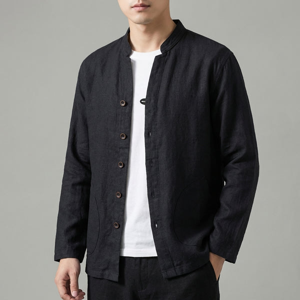 Relaxed Fit Mandarin Collar Shirt Jacket for Men – Breathable Casual Comfort