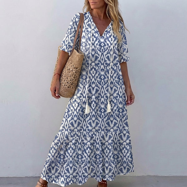 Tasseled Tie-Neck A-Line Maxi Dress for Women – Stylish Casual Elegance