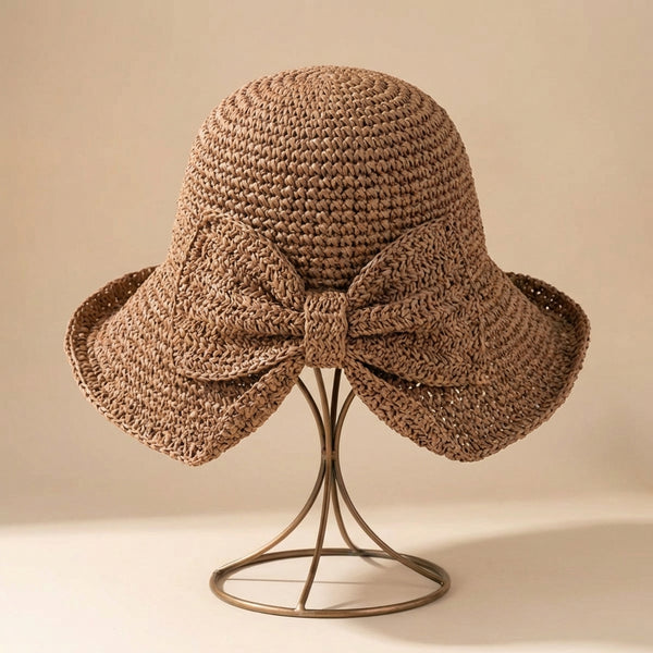 Crochet Knit Bow Detail Bucket Sun Hat for Women – Stylish Casual Protection