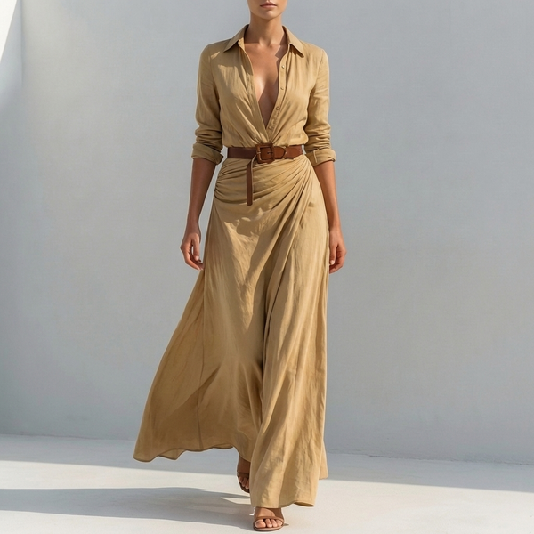 Draped Belted Collared Shirt Maxi Dress for Women – Elegant Comfortable Style