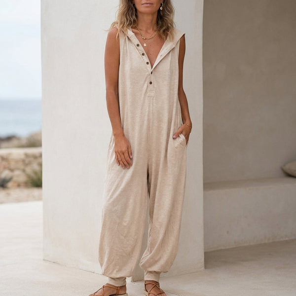 Hooded V-Neck Button Front Baggy Fit Jumpsuit for Women – Casual Stylish Comfort