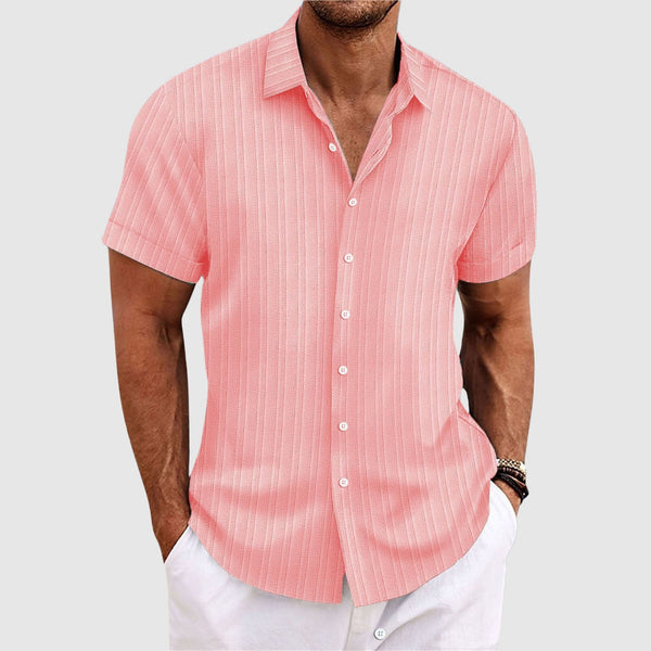 Relaxed Fit Ribbed Striped Short Sleeve Button-Up Shirt for Men – Casual Comfortable Style