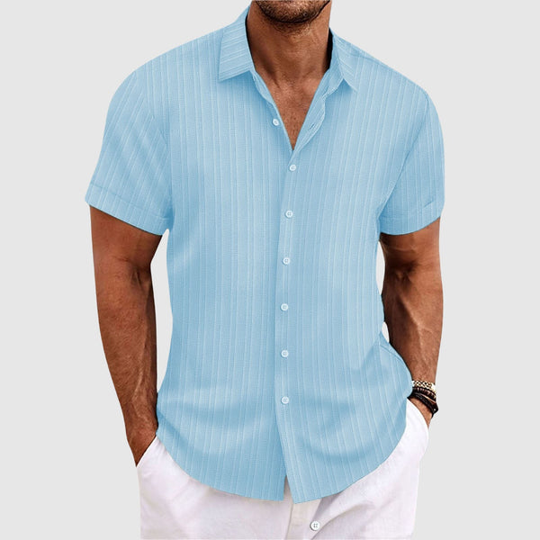 Relaxed Fit Ribbed Striped Short Sleeve Button-Up Shirt for Men – Casual Comfortable Style