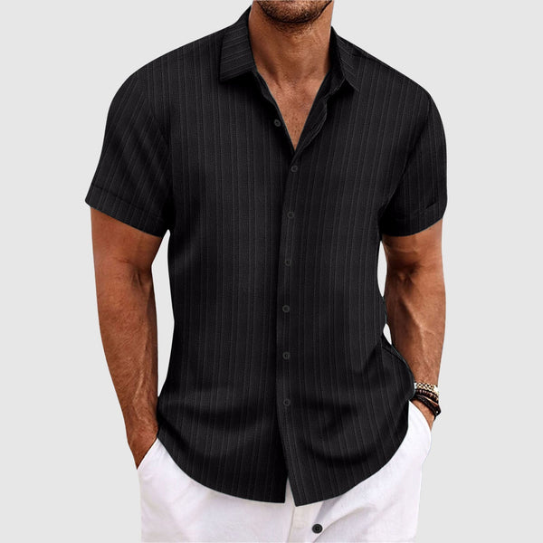 Relaxed Fit Ribbed Striped Short Sleeve Button-Up Shirt for Men – Casual Comfortable Style