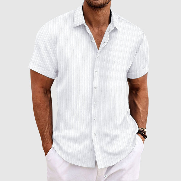 Relaxed Fit Ribbed Striped Short Sleeve Button-Up Shirt for Men – Casual Comfortable Style