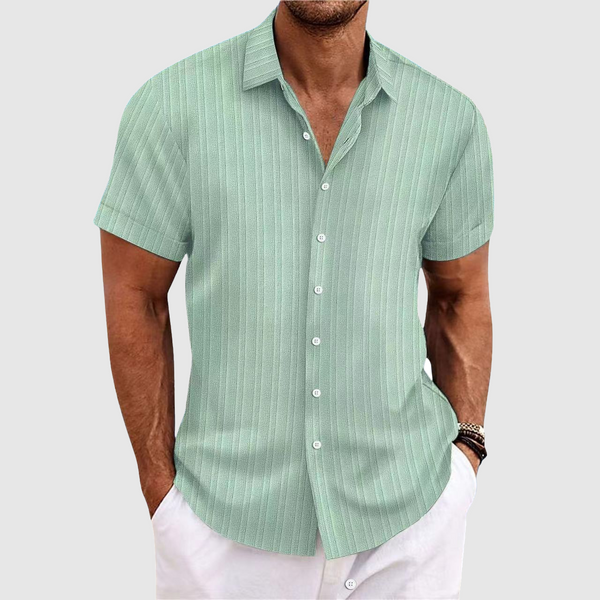 Relaxed Fit Ribbed Striped Short Sleeve Button-Up Shirt for Men – Casual Comfortable Style