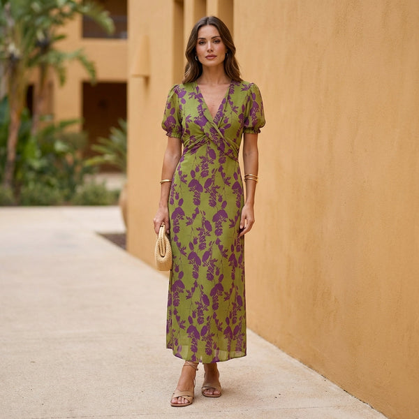 Pleated Twist Front A-Line Midi Dress for Women – Flattering Daytime Style