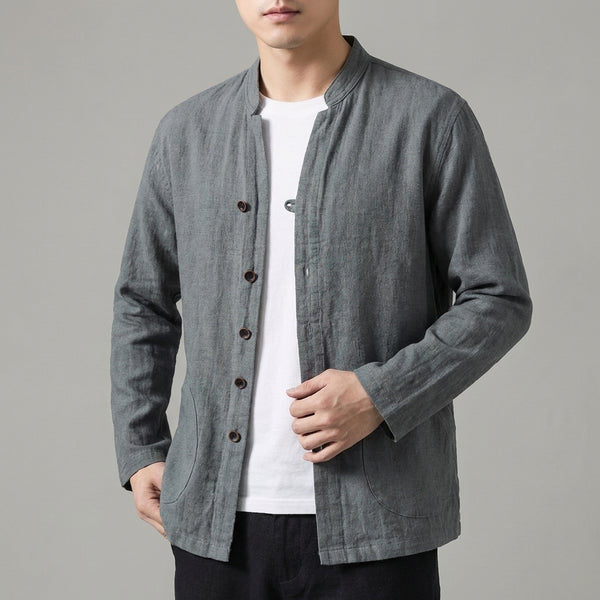 Relaxed Fit Mandarin Collar Shirt Jacket for Men – Breathable Casual Comfort