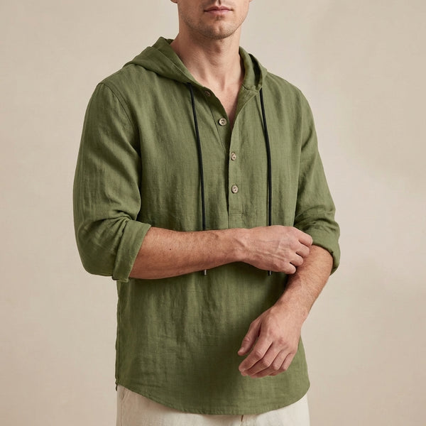 Relaxed Fit Hooded Henley Shirt for Men – Casual Comfort & Style