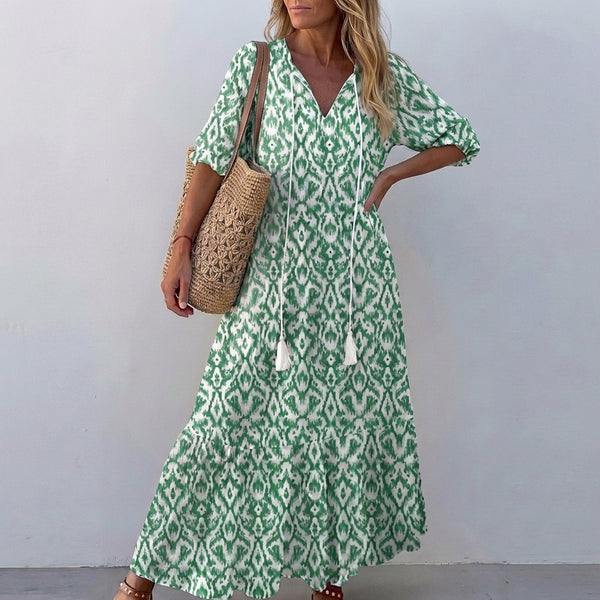 Tasseled Tie-Neck A-Line Maxi Dress for Women – Stylish Casual Elegance