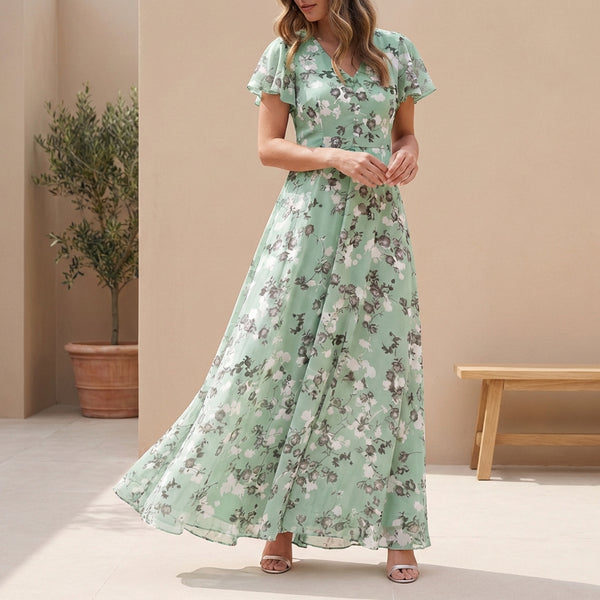 Ruffled A-Line Floral V-Neck Maxi Dress for Women – Elegant & Comfortable Design
