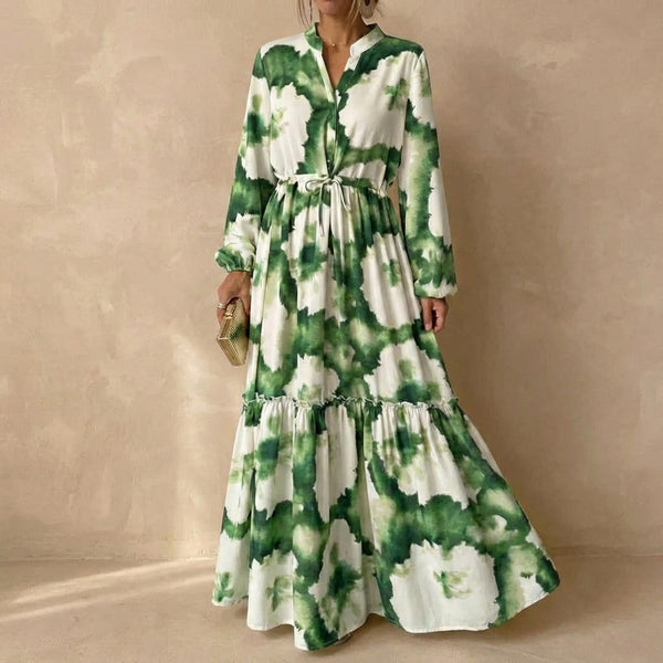 Tie-Dye Ruffled Drawstring Waist A-Line Maxi Dress for Women – Elegant & Flowing Design