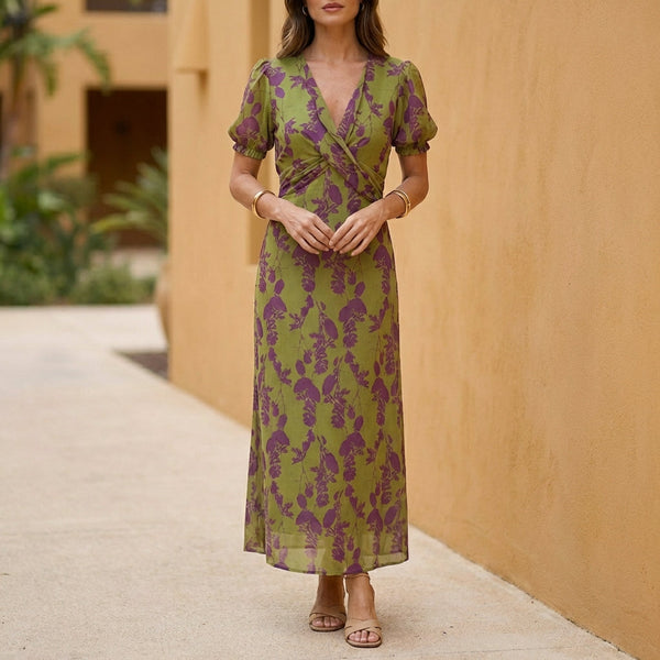 Pleated Twist Front A-Line Midi Dress for Women – Flattering Daytime Style