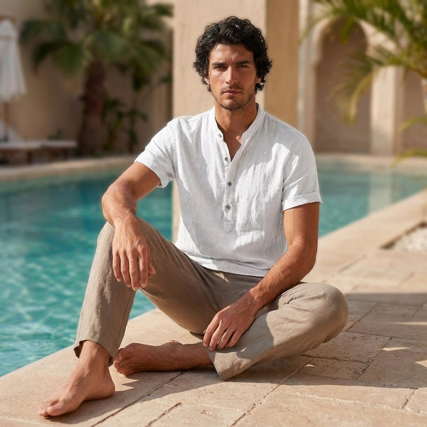 Relaxed Fit Band Collar Henley Shirt for Men – Breathable & Casual Comfort