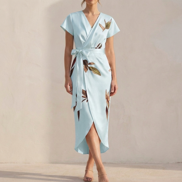 Belted A-Line Wrap Midi Dress for Women – Elegant & Flattering Design