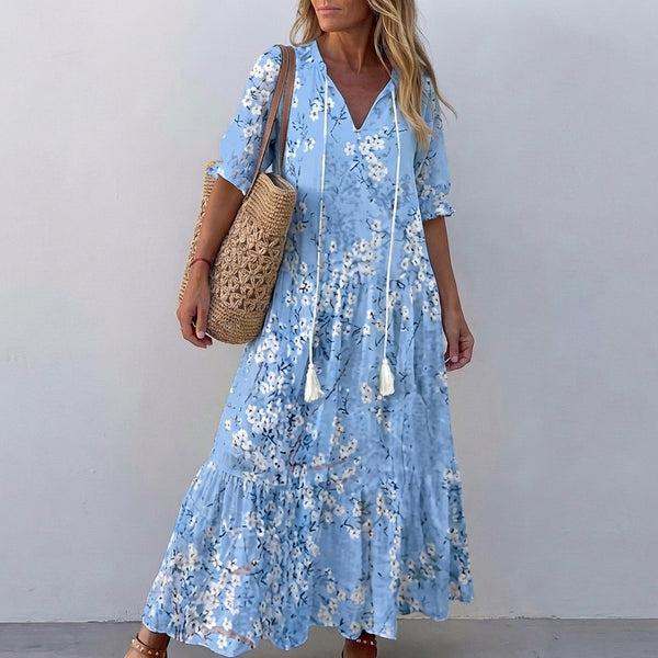 Tasseled Tie-Neck A-Line Maxi Dress for Women – Stylish Casual Elegance