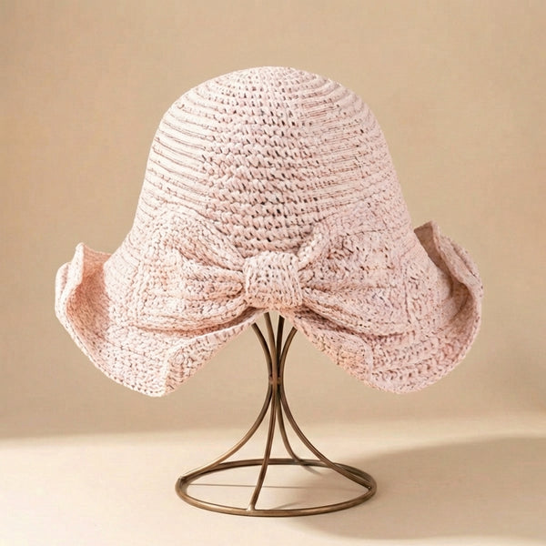 Crochet Knit Bow Detail Bucket Sun Hat for Women – Stylish Casual Protection