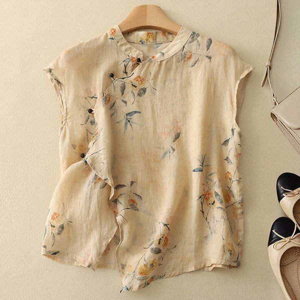 Floral Mandarin Collar Relaxed Fit Sleeveless Blouses for Women – Stylish And Breathable Design